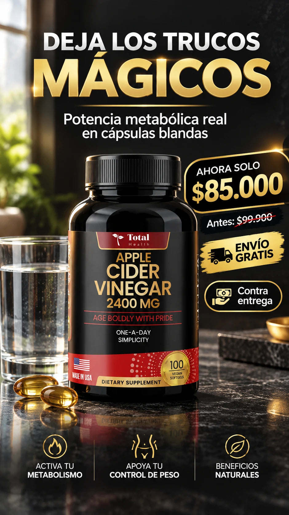 Vinagre De Manzana 2400mg Original Sin Sabor